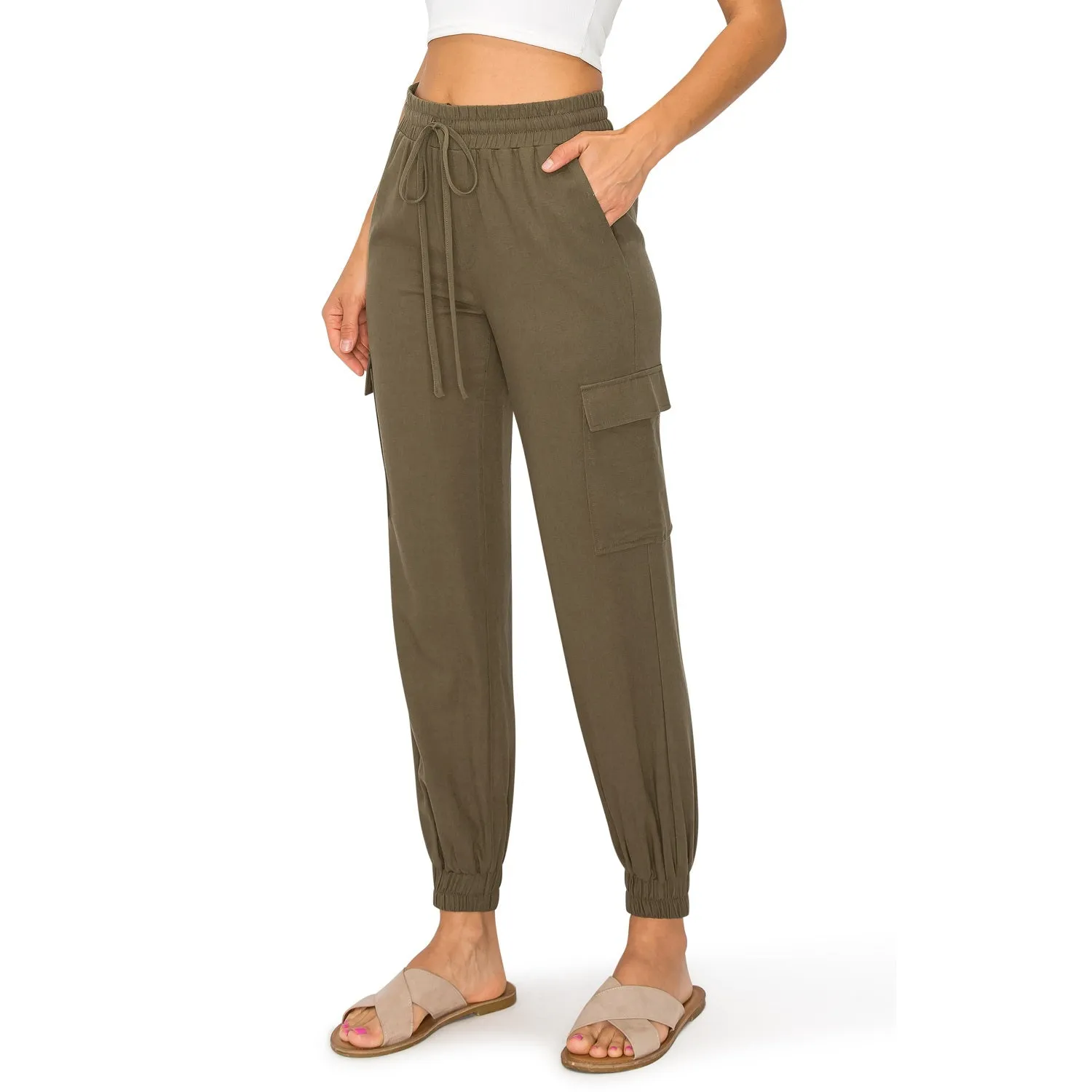 Drawstring Waist Linen Cargo Jogger Pants - Olive