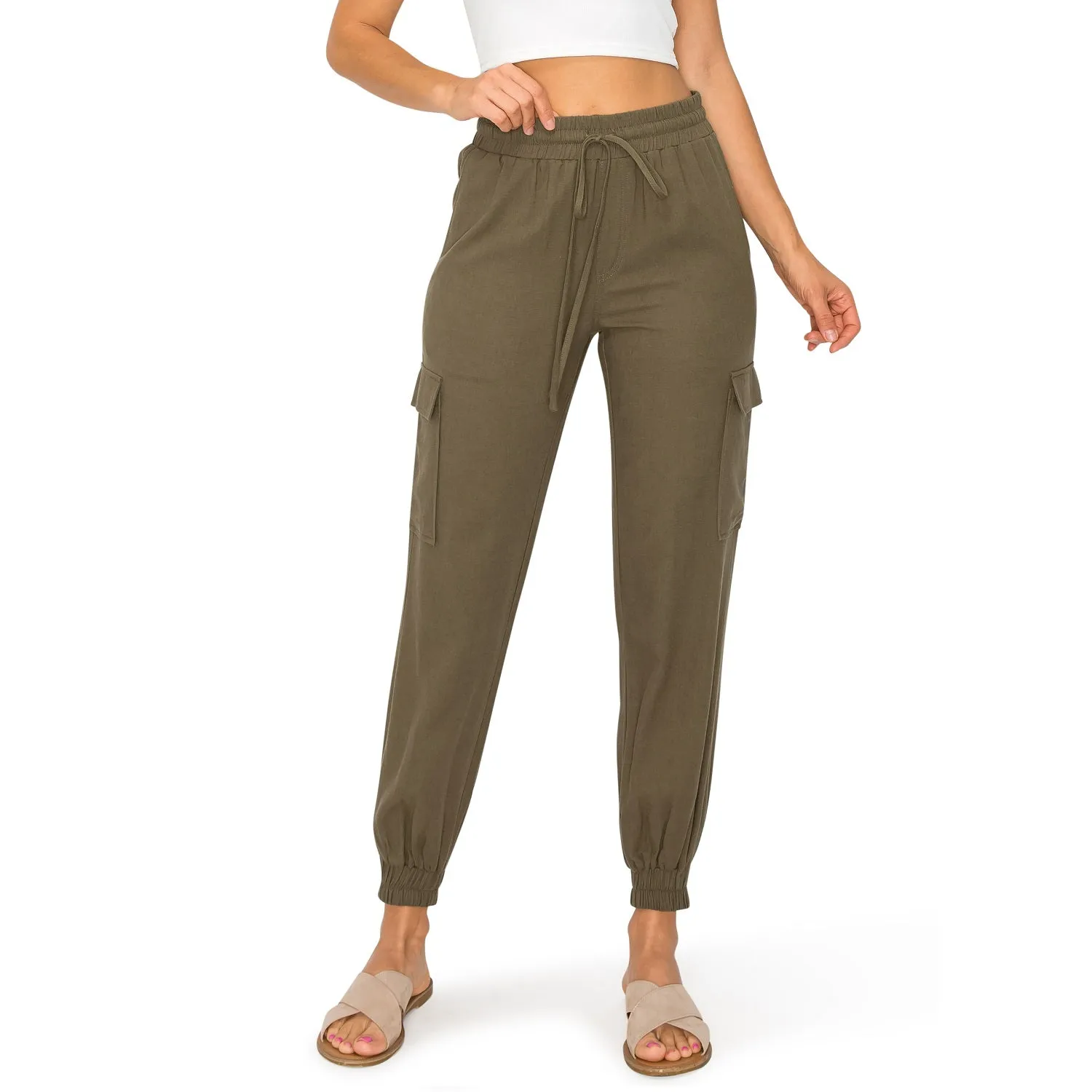 Drawstring Waist Linen Cargo Jogger Pants - Olive