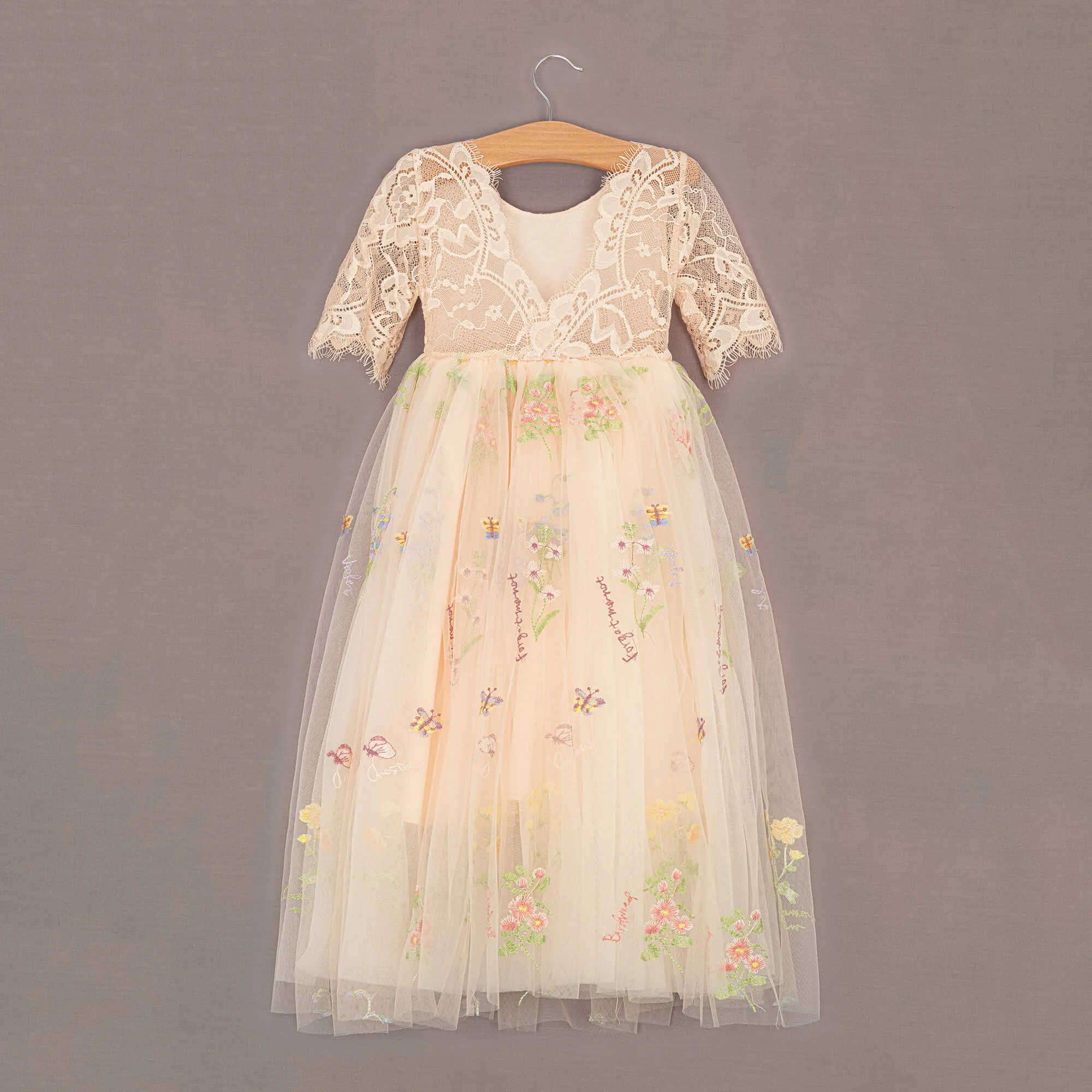 Enchanted Dress - Embroidered Apricot Champagne Lace