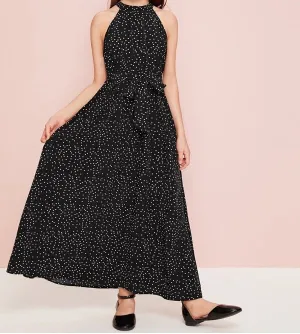 Girls Belted Polka-dot Print Halter Dress