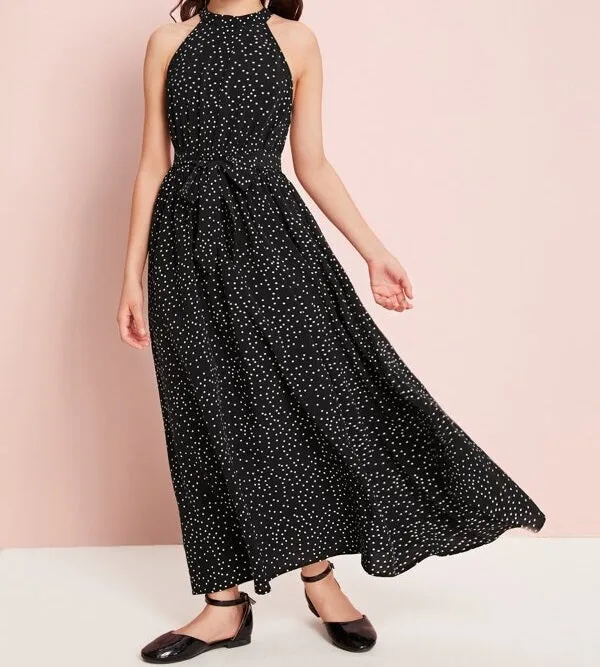 Girls Belted Polka-dot Print Halter Dress