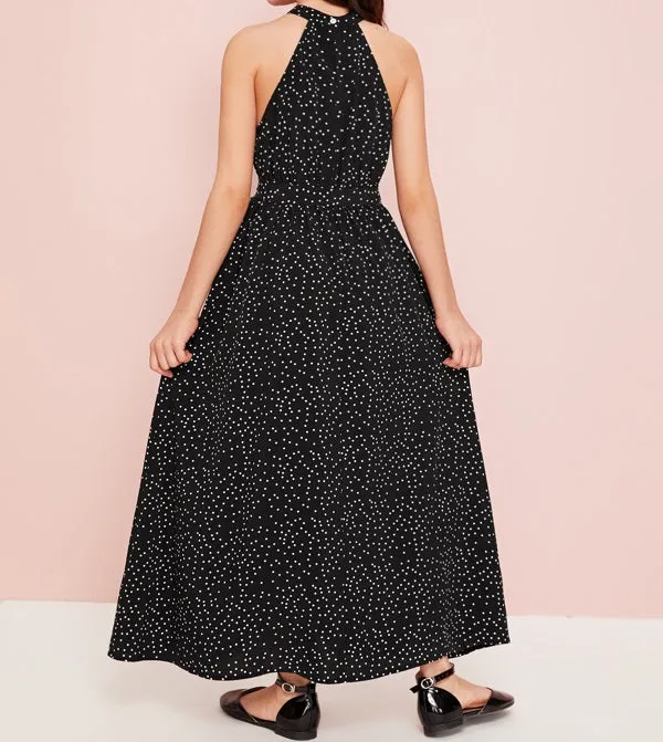 Girls Belted Polka-dot Print Halter Dress