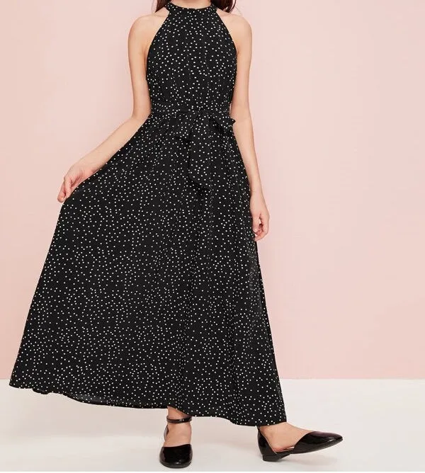 Girls Belted Polka-dot Print Halter Dress
