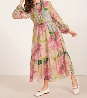Girls Floral Print Frill Trim Balloon Sleeve Dress