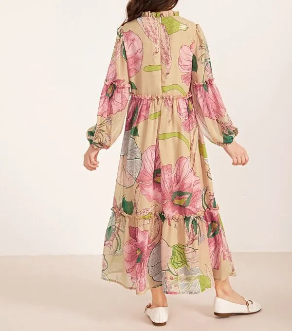 Girls Floral Print Frill Trim Balloon Sleeve Dress