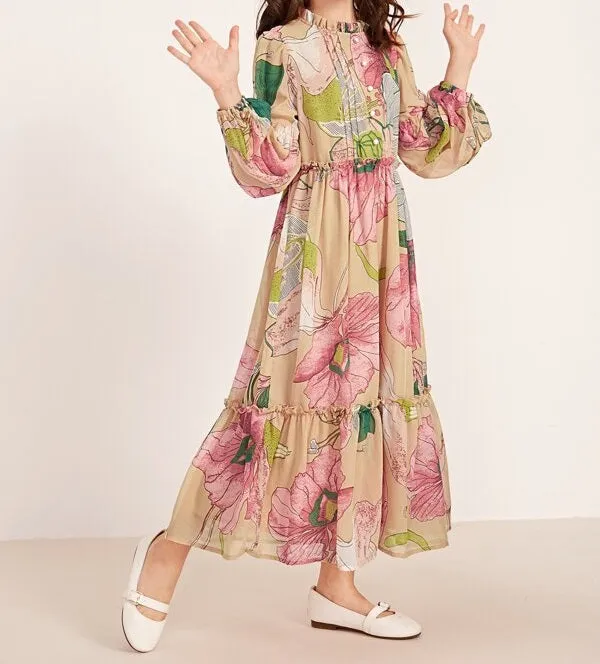 Girls Floral Print Frill Trim Balloon Sleeve Dress