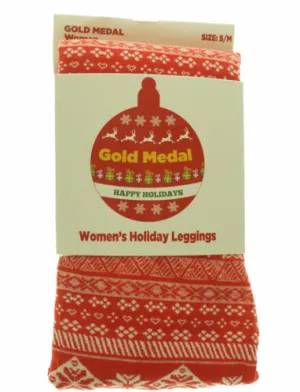 Gold Medal Women's Fleece Lined Christmas Snowflake Fairisle Leggings Red