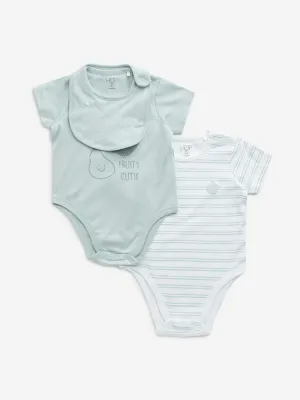HOP Baby Teal Printed Cotton Rompers with Bib - Pack of 2