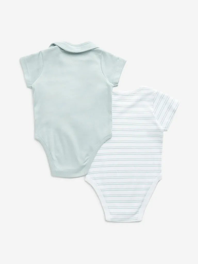 HOP Baby Teal Printed Cotton Rompers with Bib - Pack of 2