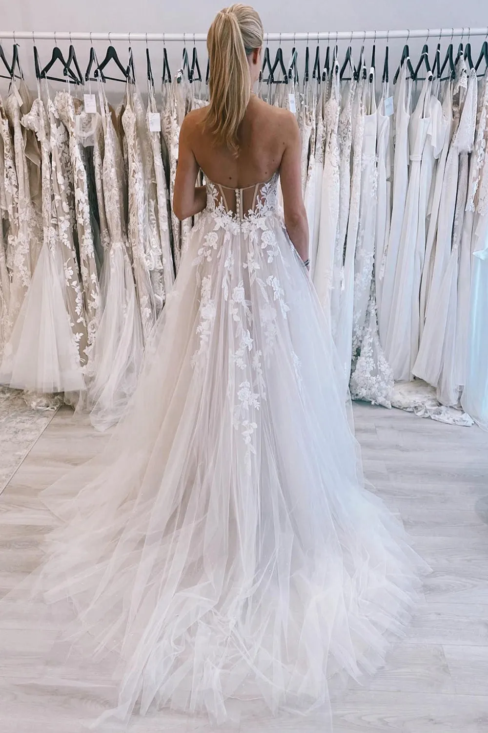 Ivory Long Tulle A-Line Wedding Dress with Lace