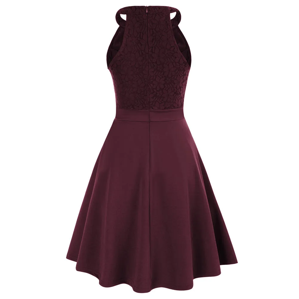 Lace Overlay Dress Cut-out Shoulder Crew Neck Defined Waist Dress