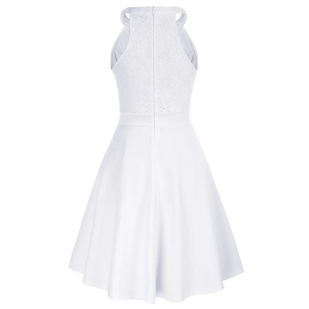 Lace Overlay Dress Cut-out Shoulder Crew Neck Defined Waist Dress