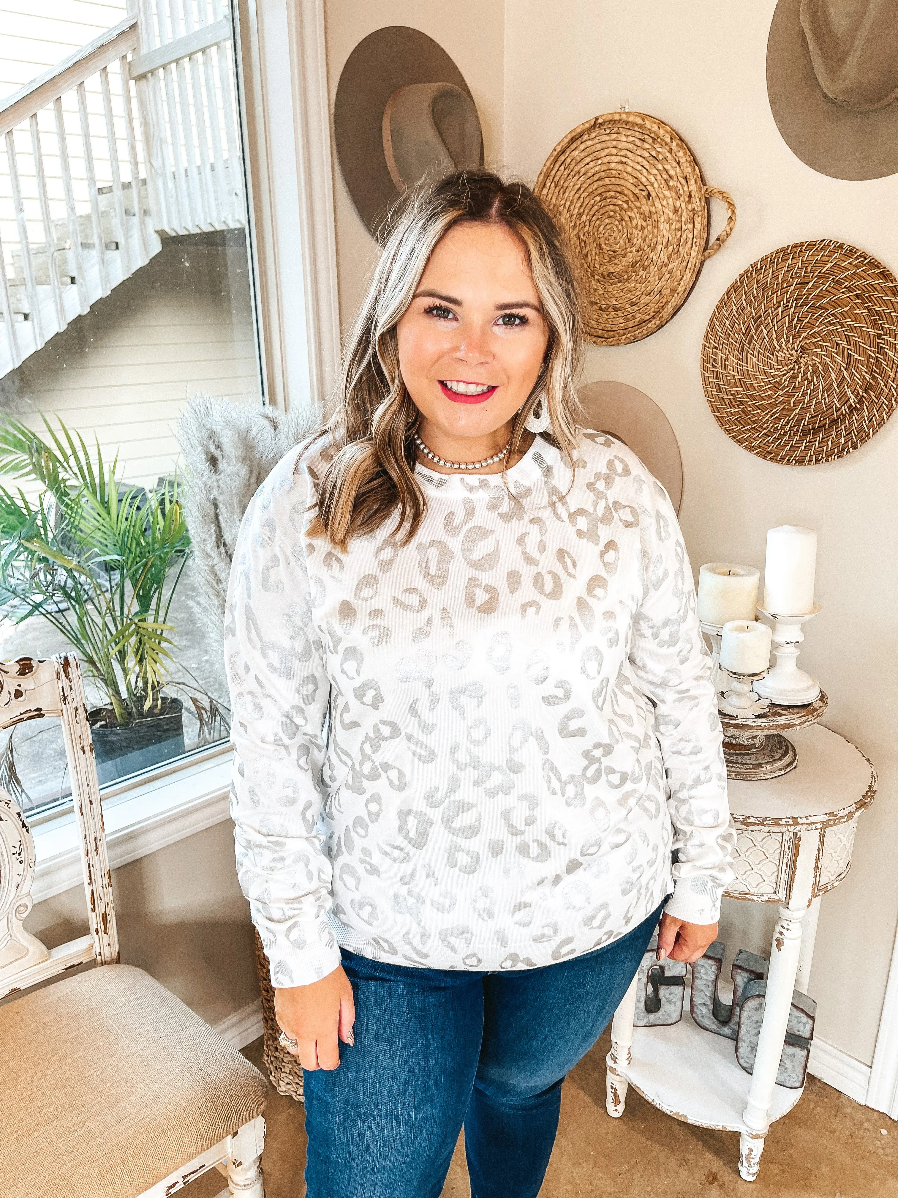 Last Chance Size 2XL/3XL | Trend Spotter Silver Metallic Leopard Print Sweater with Zipper Detail in White