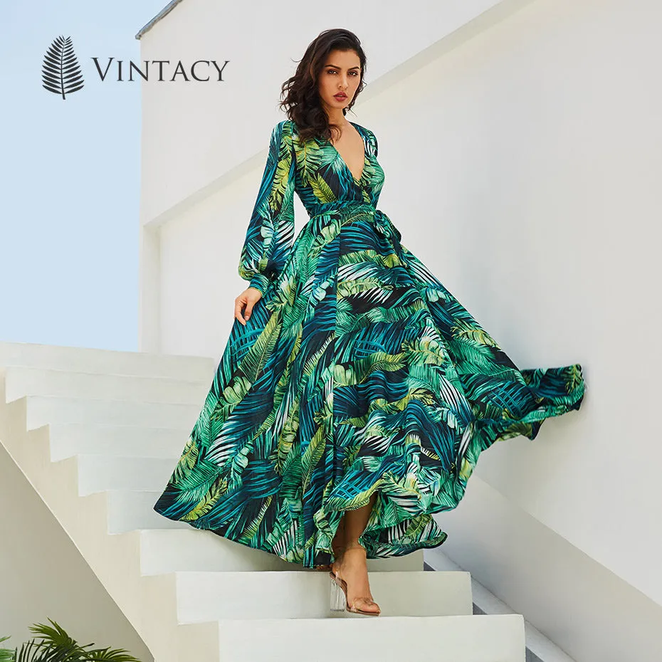 Long Sleeve Green Maxi Dresses Boho dress Casual V Neck Lace