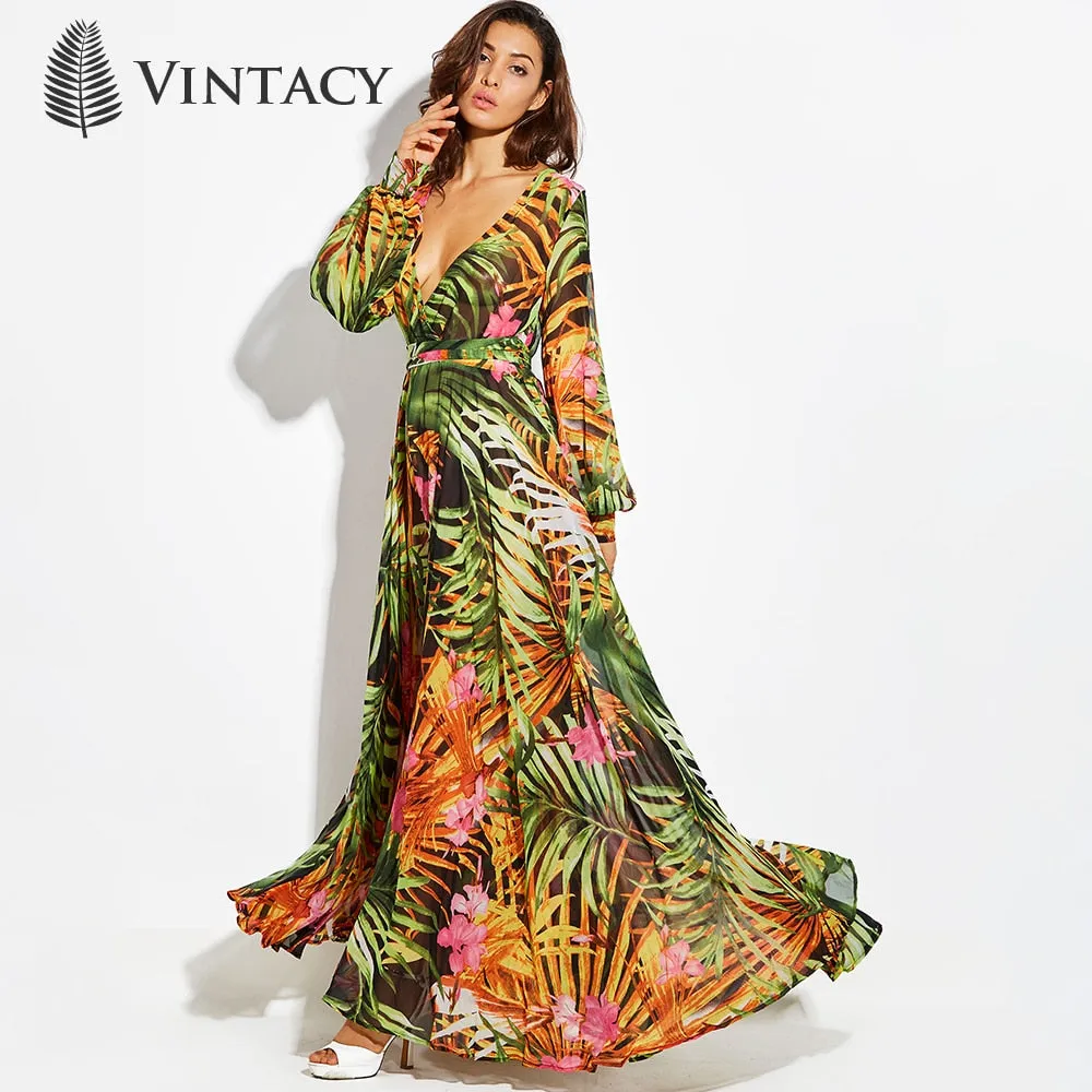 Long Sleeve Green Maxi Dresses Boho dress Casual V Neck Lace
