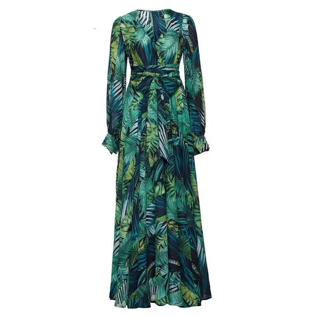 Long Sleeve Green Maxi Dresses Boho dress Casual V Neck Lace