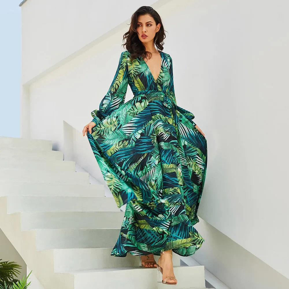 Long Sleeve Green Maxi Dresses Boho dress Casual V Neck Lace