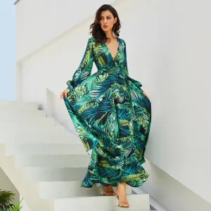 Long Sleeve Green Maxi Dresses Boho dress Casual V Neck Lace