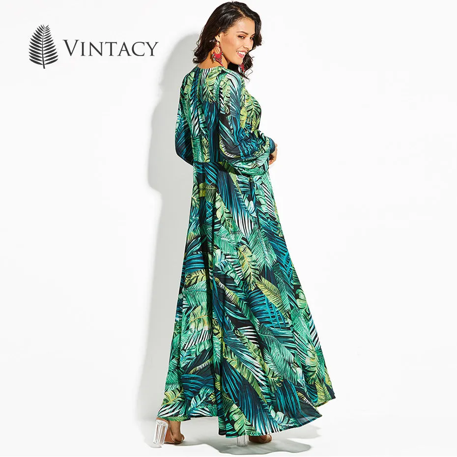 Long Sleeve Green Maxi Dresses Boho dress Casual V Neck Lace