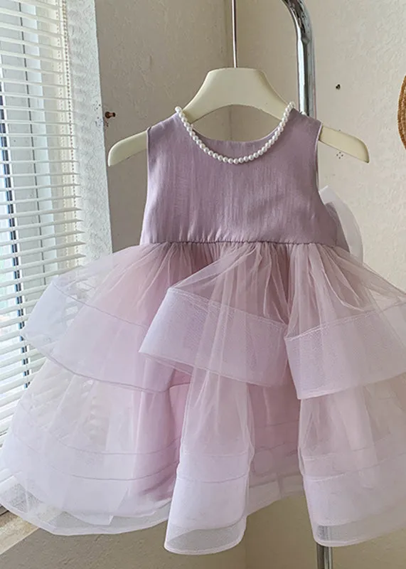 Lovely Pink O-Neck Patchwork Layered Tulle Kids Girls Dress Summer LY5459