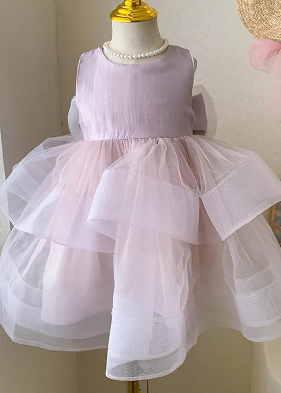 Lovely Pink O-Neck Patchwork Layered Tulle Kids Girls Dress Summer LY5459