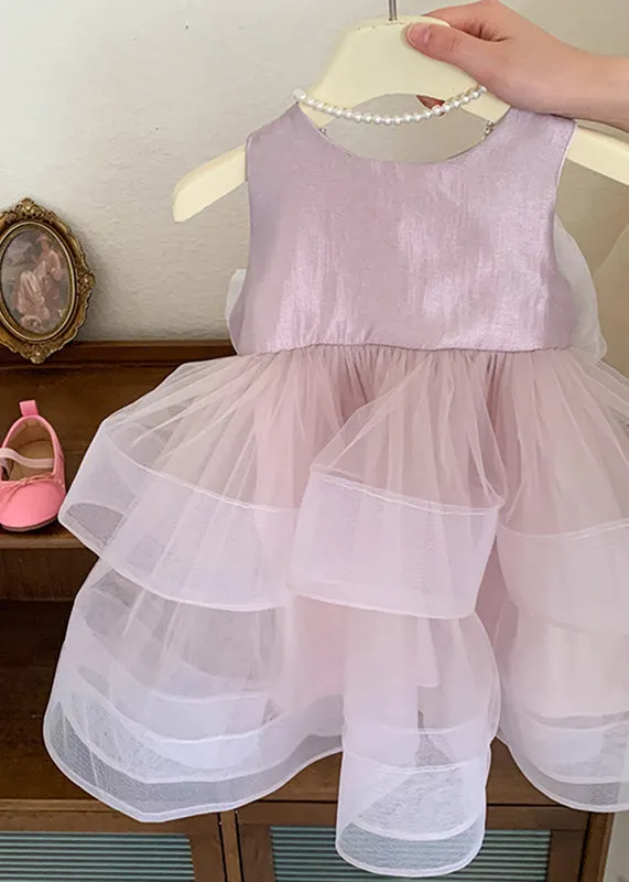 Lovely Pink O-Neck Patchwork Layered Tulle Kids Girls Dress Summer LY5459