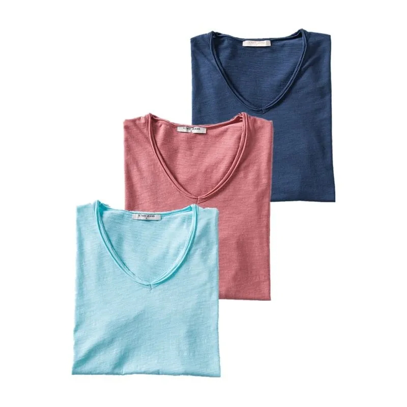 Men's T-Shirts Set 3PCS 100% Cotton Solid Colors Casual V-Neck Short Sleeve Soft Feel High Quality Tees