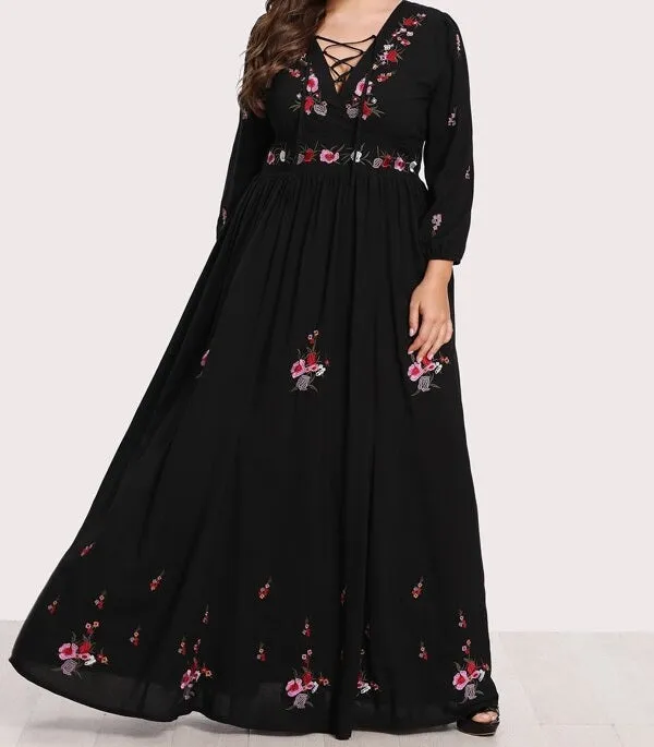 Plus Lace Up Front Flower Embroidered Maxi Dress