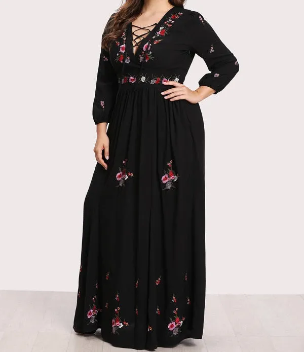 Plus Lace Up Front Flower Embroidered Maxi Dress