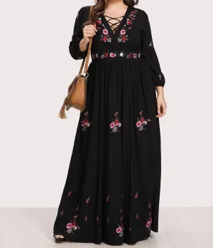 Plus Lace Up Front Flower Embroidered Maxi Dress