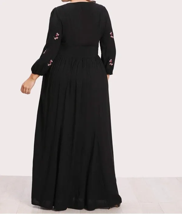 Plus Lace Up Front Flower Embroidered Maxi Dress