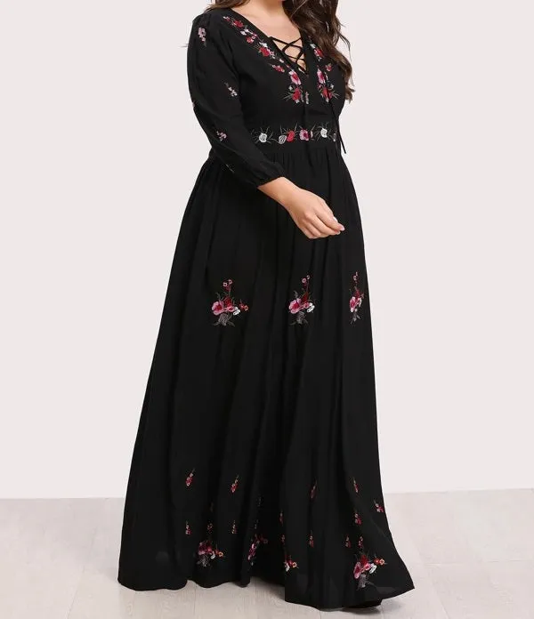 Plus Lace Up Front Flower Embroidered Maxi Dress