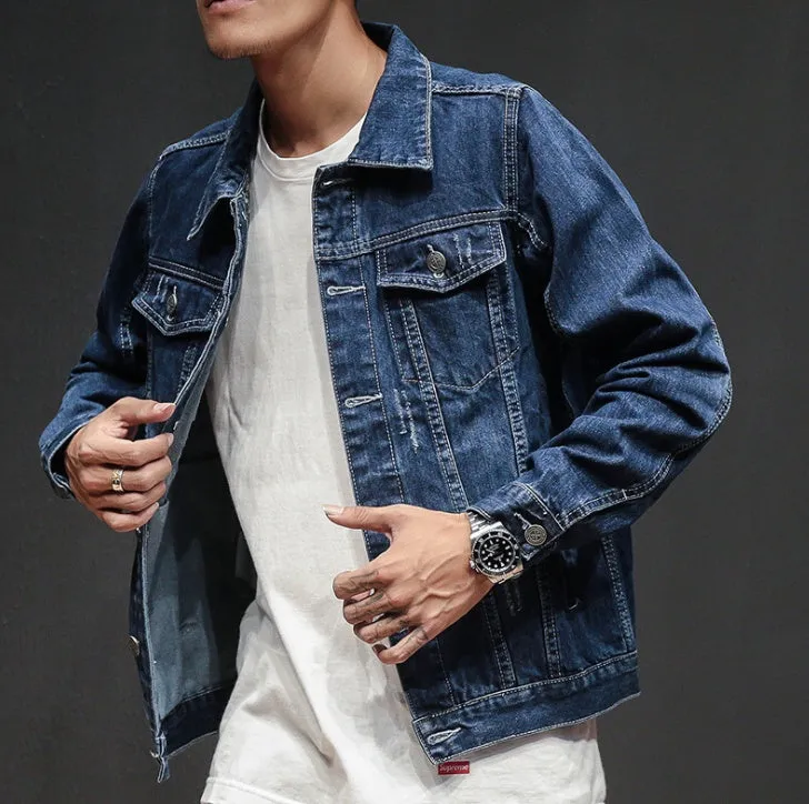 Spring and autumn period and the new men trend in Joker denim jacket Fashionable jean jacket lapel pure color