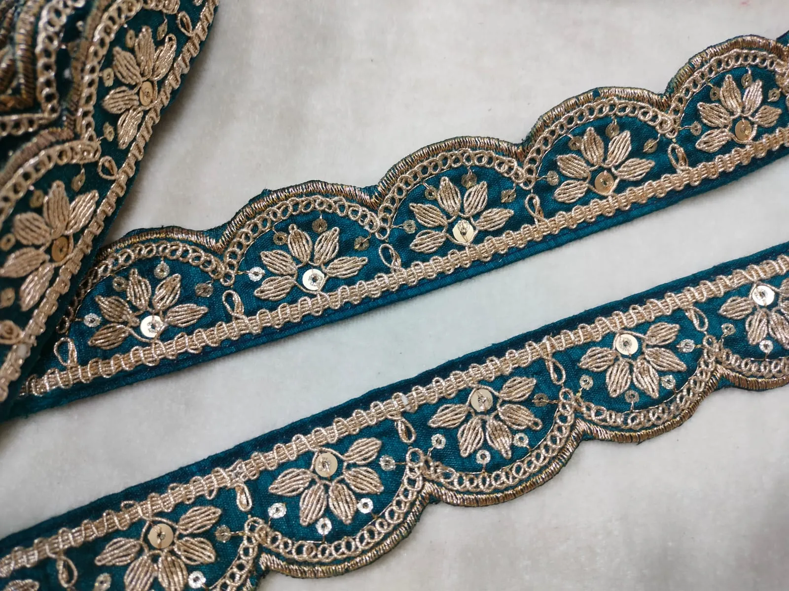 Teal Blue Zardozi Scalloped Trim