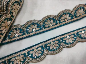Teal Blue Zardozi Scalloped Trim