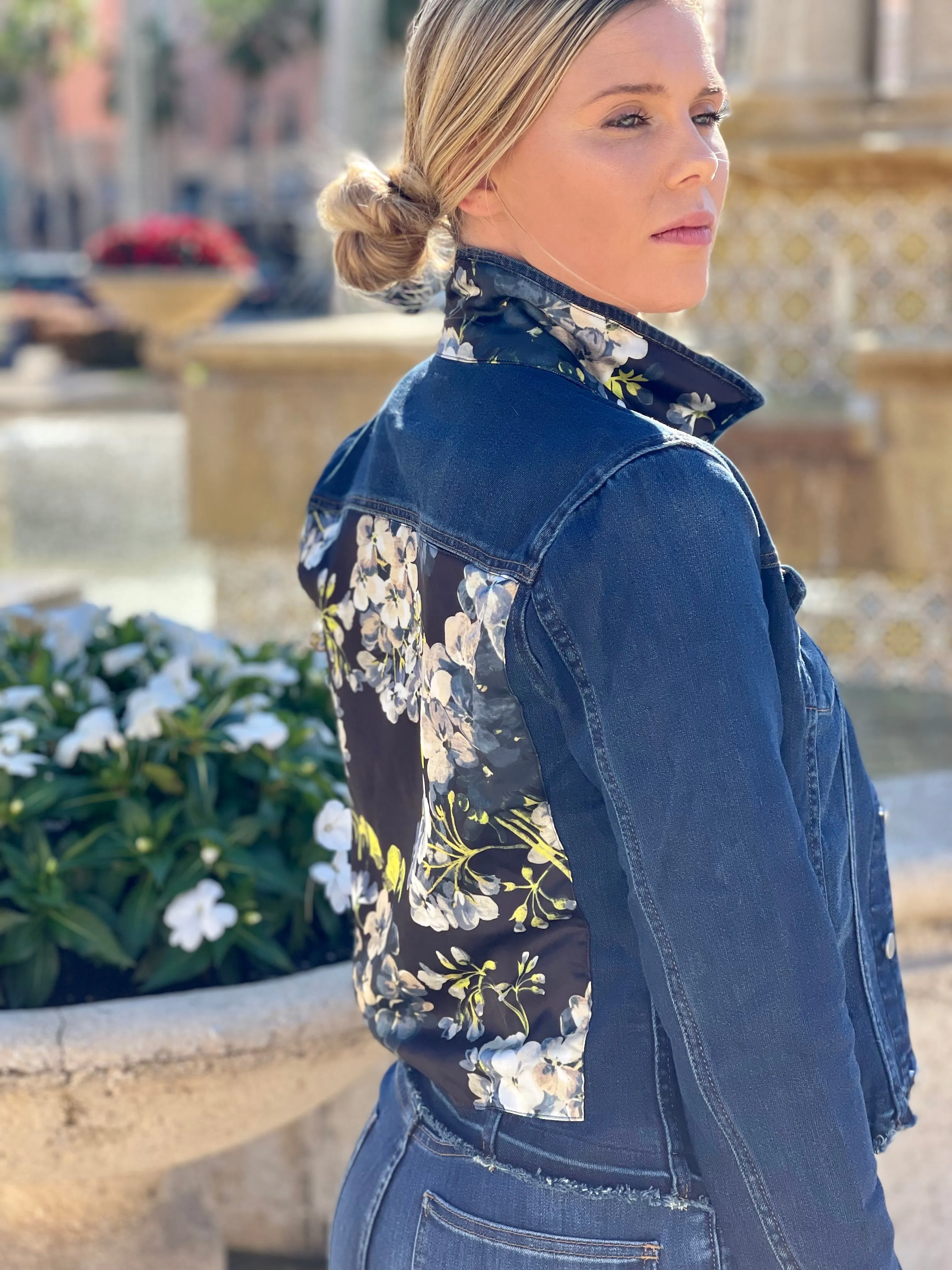 The Dark Denim Jacket / Blue Flower on Black