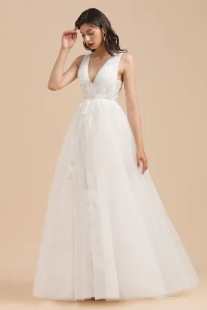 V-Neck Tulle Lace Appliques Simple Wedding Dress Garden Wedding Gowns Floor Length