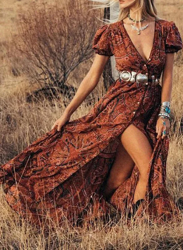 Western Boho Maxi V Neck Boho Maxi Dresses Women Vintage 2022