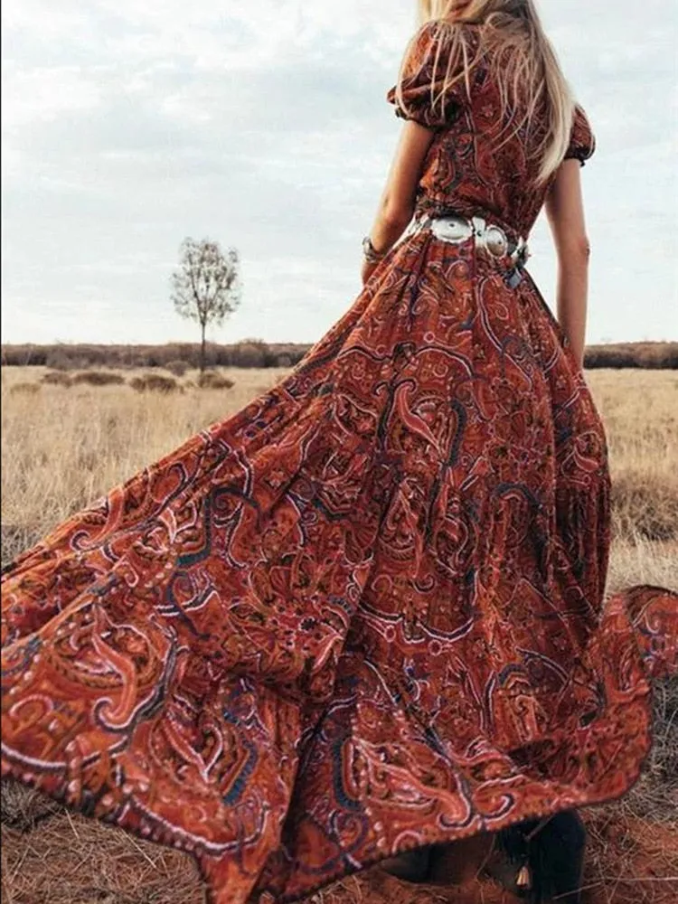 Western Boho Maxi V Neck Boho Maxi Dresses Women Vintage 2022