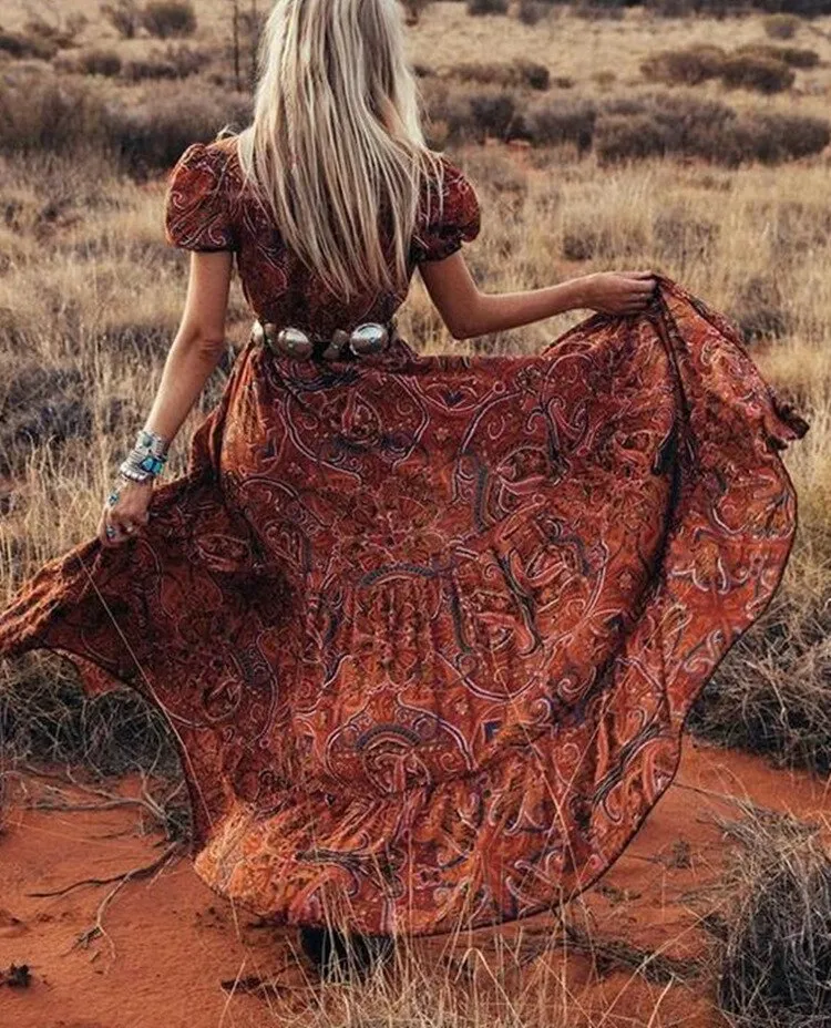 Western Boho Maxi V Neck Boho Maxi Dresses Women Vintage 2022